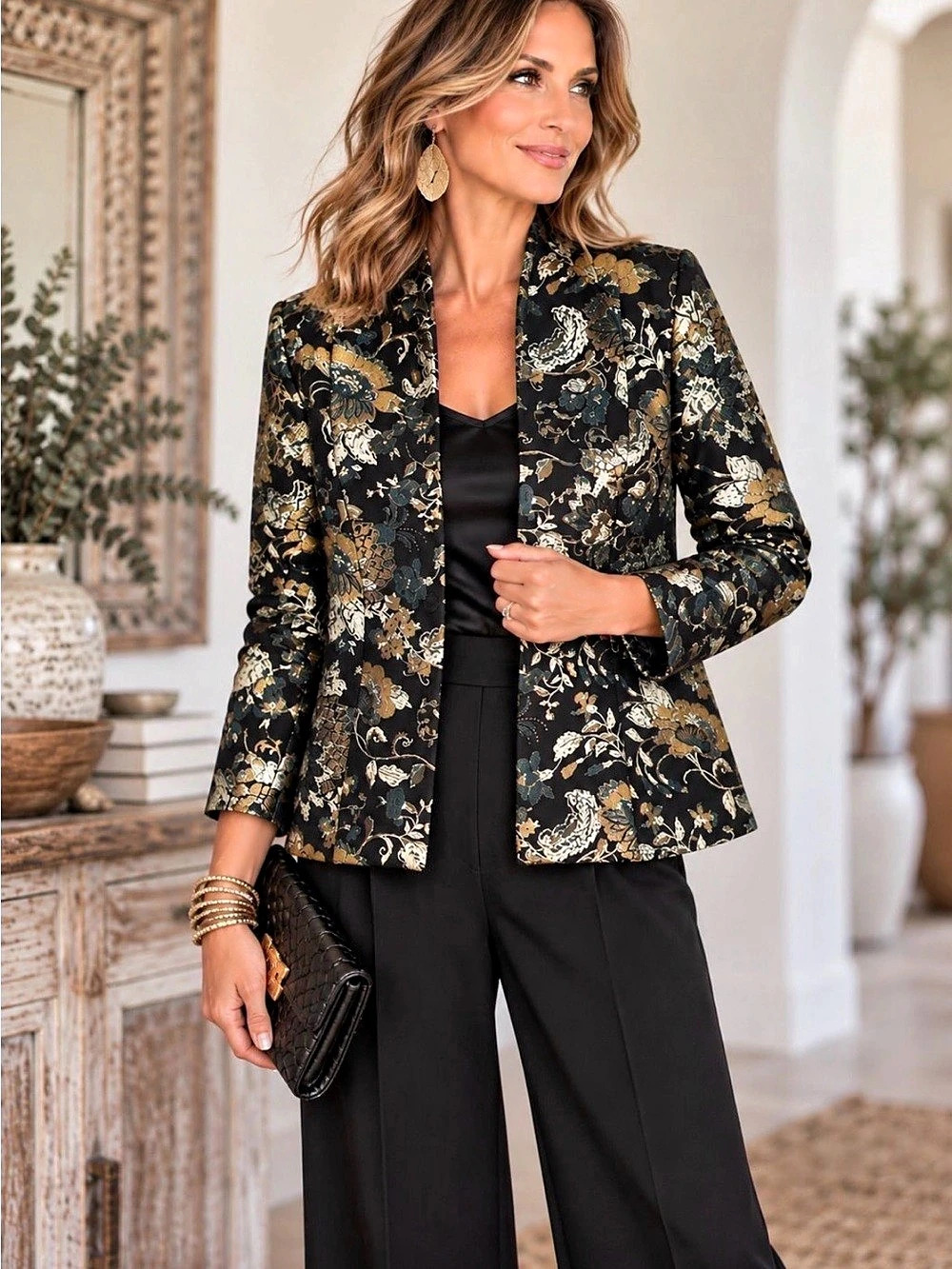 Soft Surroundings Moon Dynasty Jacket Floral Blazer Black & Gold Size Medium